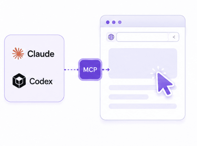Claude and Codex connected through MCP to a browser window