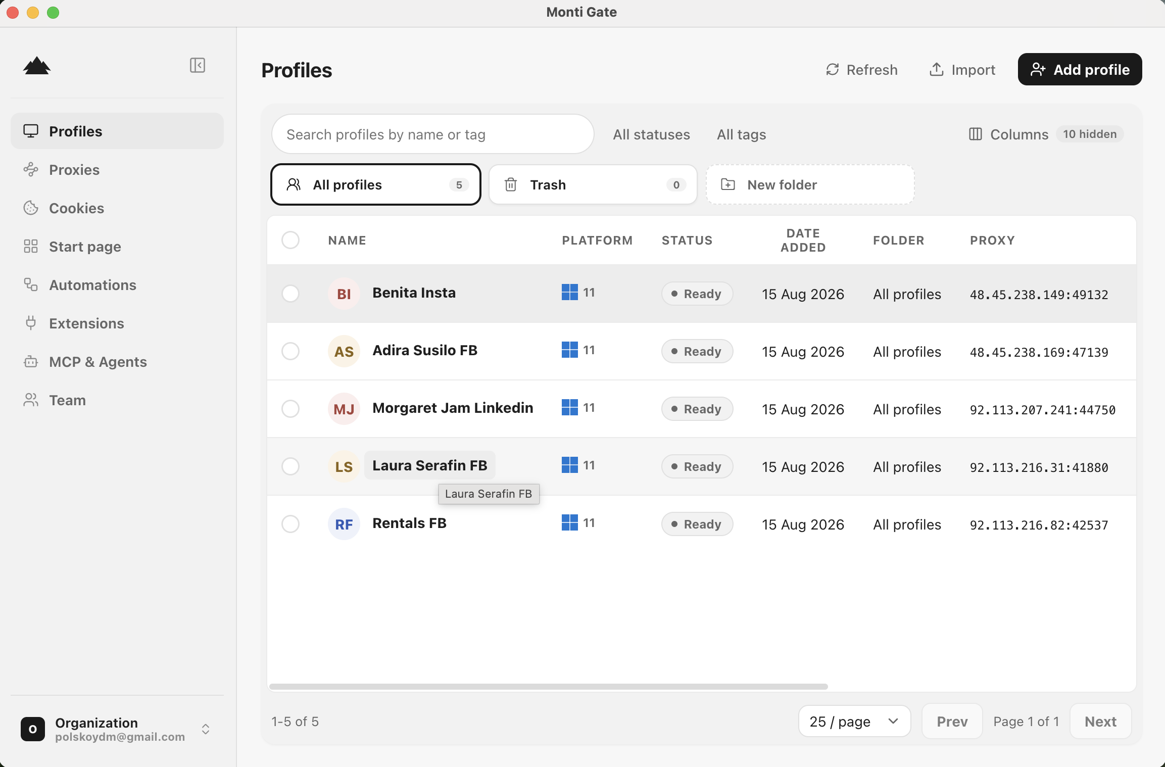 The Monti Browser profiles table: browser sessions with statuses, network routes and folders